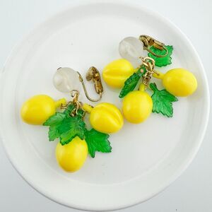 Vintage Lucite Lemon Clip-On Earrings Bunch Dangle Drop Yellow Fruit Retro